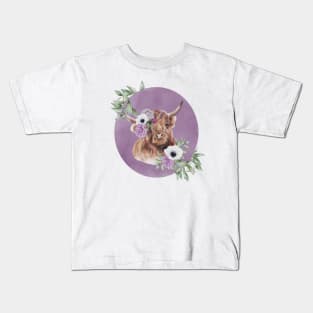 Highland Cow with Flowers Kids T-Shirt